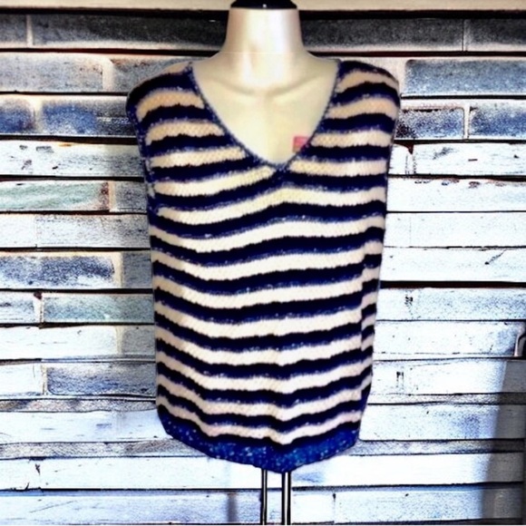 Sweater Vest V-Neck Navy Cream Light Blue Sparkly Striped Crochet Knit Size M - Picture 11 of 16